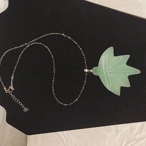 Green Aventurine Leaf Pendant w/18" small Hematite beads, faceted necklace.